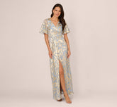 Foil Leaf Short Sleeve Gown With Draped Details In Light Blue Gold (Copy)