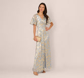 Foil Leaf Short Sleeve Gown With Draped Details In Light Blue Gold (Copy)