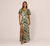 Foil Leaf Short Sleeve Gown With Draped Details In Light Blue Gold
