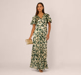 Foil Leaf Short Sleeve Gown With Draped Details In Light Blue Gold