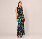 Asymmetrical Draped Floral Chiffon Gown In Black Multi
