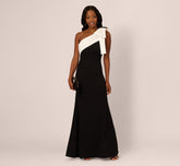 One Shoulder Color Block Bow Gown In Black Ivory