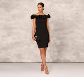 Off The Shoulder Crepe Sheath Dress With Organza Florals In Black