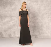 Satin Crepe Column Gown With Beaded Double Strap Details In Black