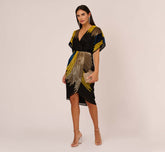 Beaded Faux Wrap Dress With Dolman Sleeves In Black Multi