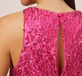 Sequined Trapeze Halter Dress With Feather Trim In Hot Pink