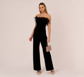 Feather Trimmed Strapless Velvet Jumpsuit In Black