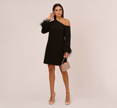 Knit Crepe One Shoulder Long Sleeve Dress With Feather Accents In Black