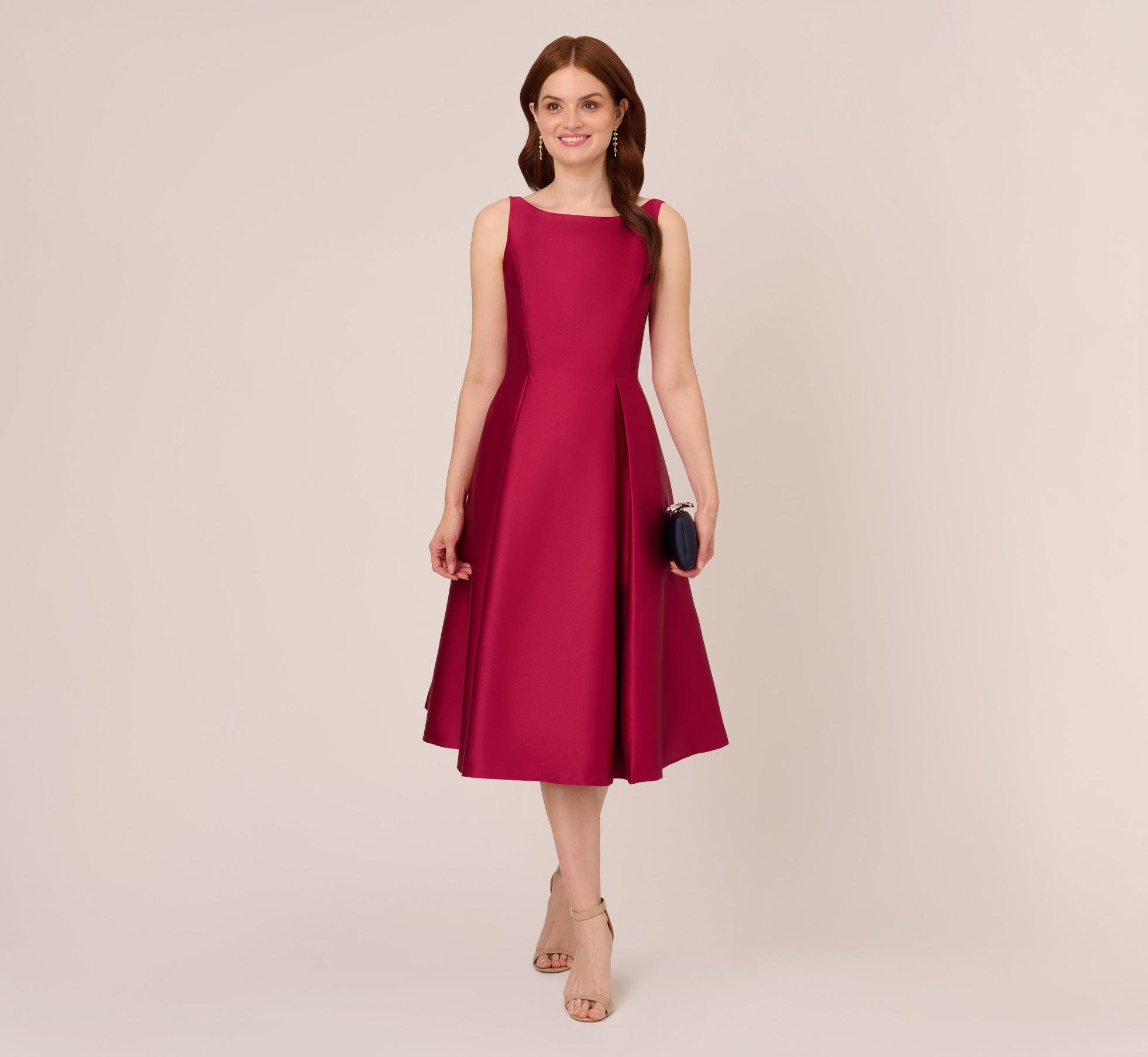 Sleeveless Mikado Fit And Flare Midi Dress With V-Back In Red Plum 1