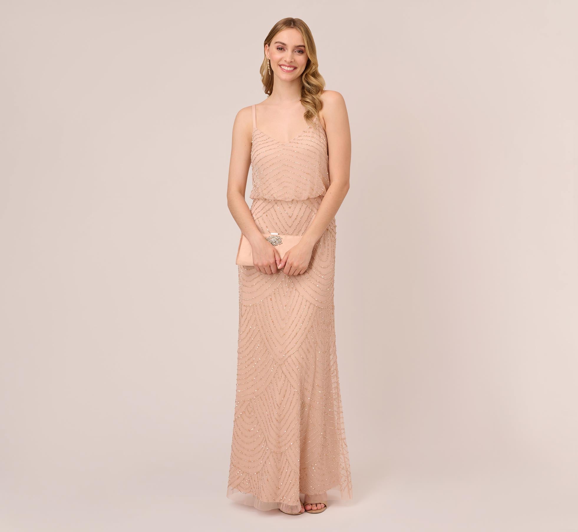 Art Deco Beaded Blouson Gown In Blush 1