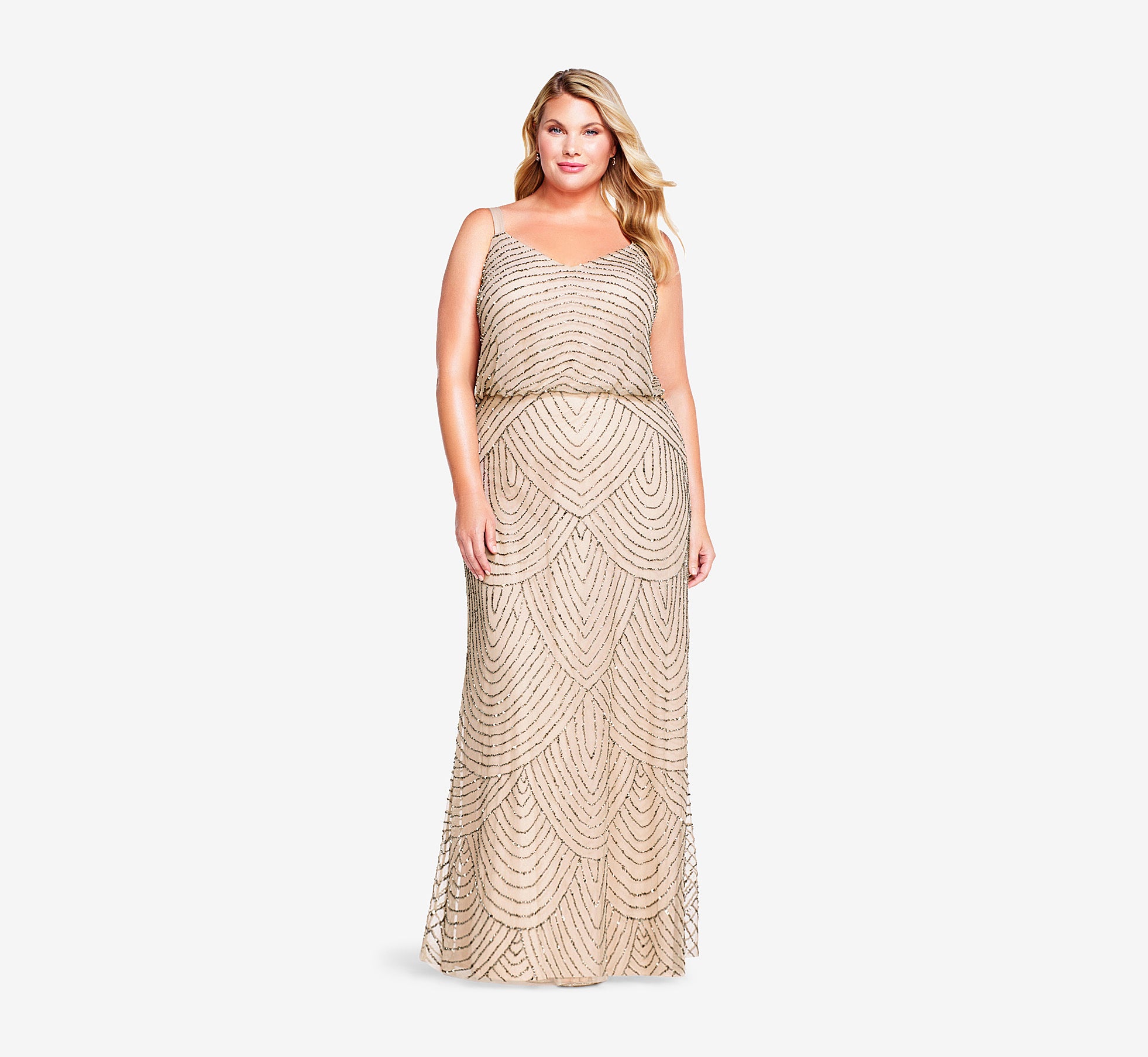 Plus Size Art Deco Beaded Blouson Gown In Taupe Pink 1