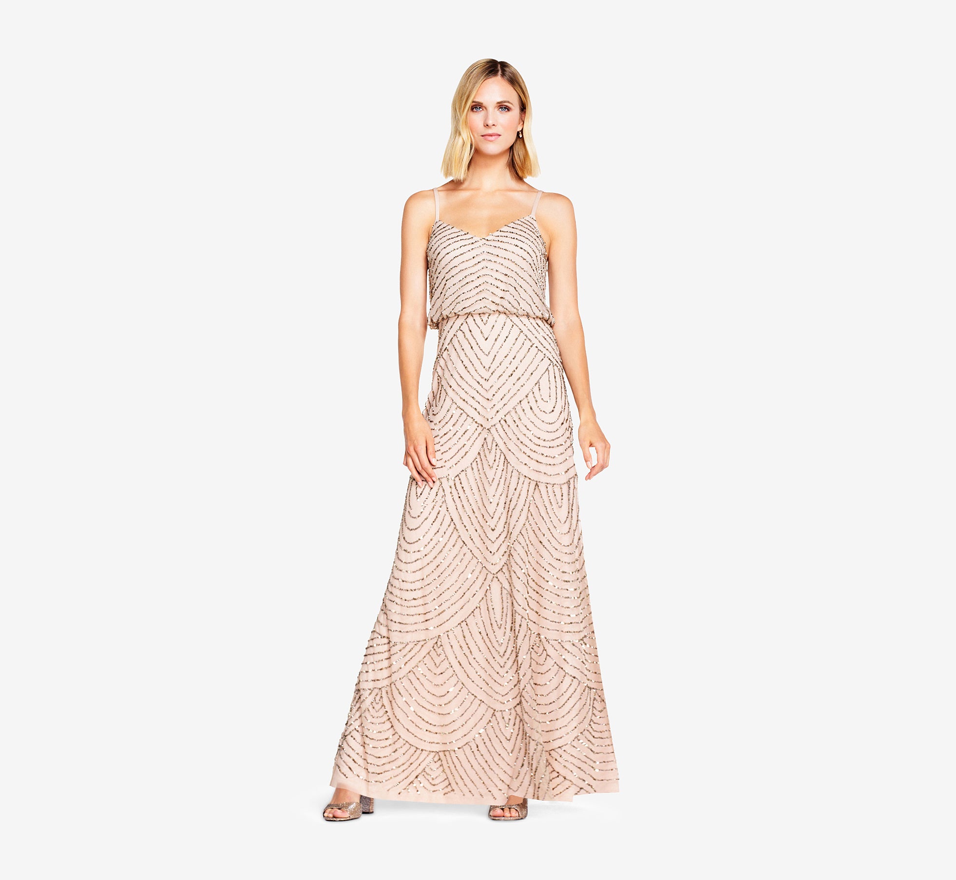 Art Deco Beaded Blouson Gown In Taupe Pink 1