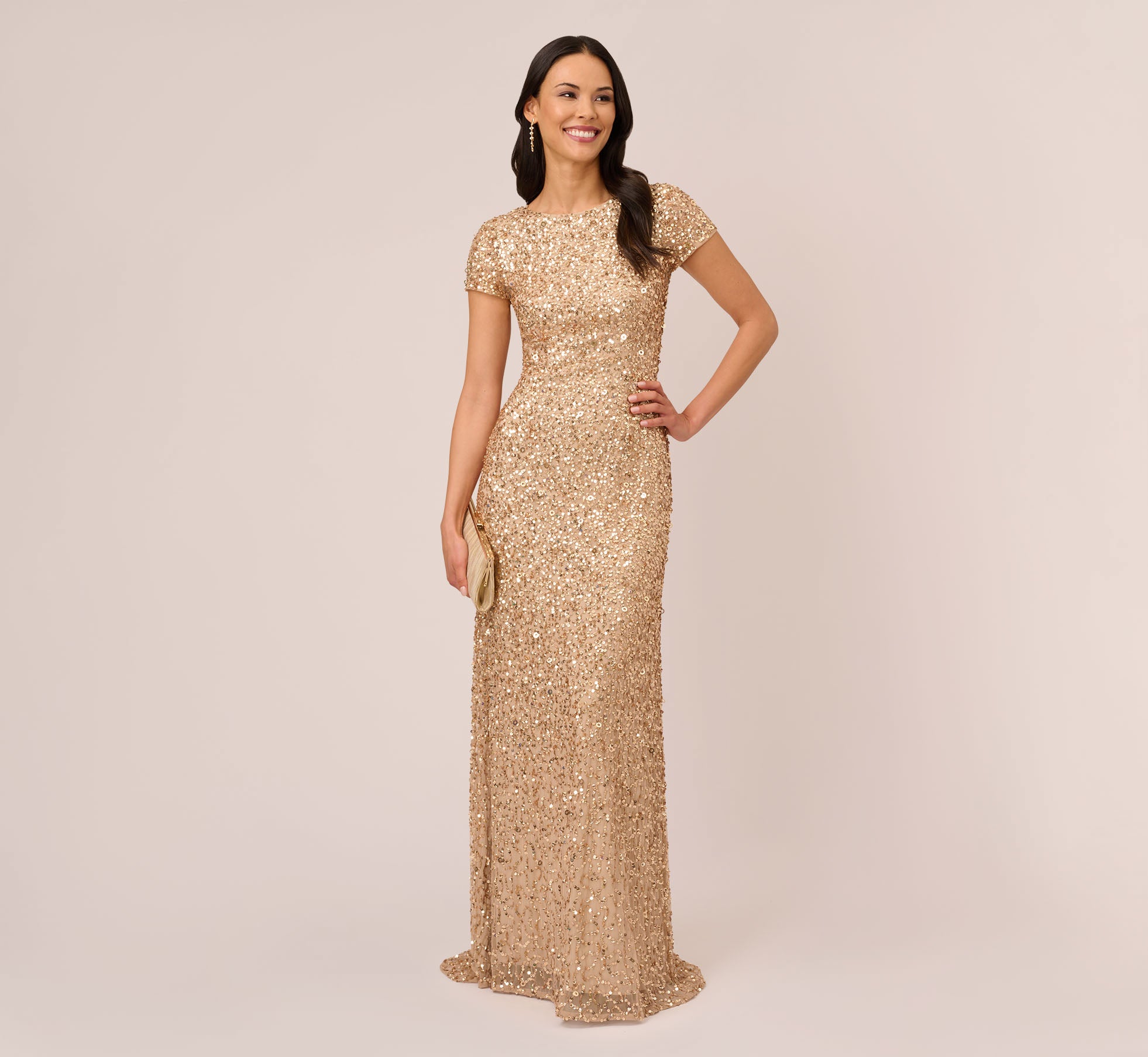 Scoop Back Sequin Gown In Champagne Gold 1