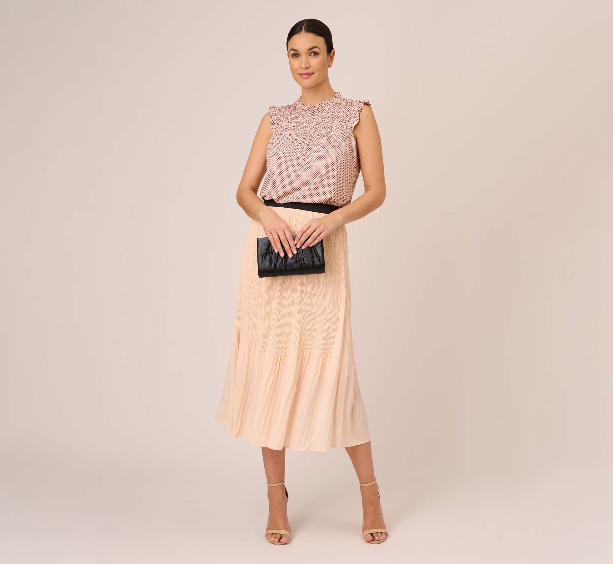 Dot Print Sleeveless Top With Ruffled Details In Champagne Small Dot 1