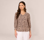 Printed V Neck Top With Cuffed Three Quarter Sleeves In Tan Shadow Leopard 2