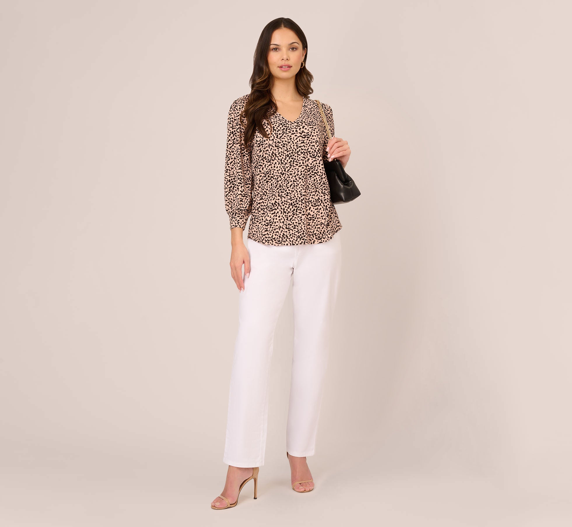 Printed V Neck Top With Cuffed Three Quarter Sleeves In Tan Shadow Leopard 1