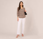 Printed V Neck Top With Cuffed Three Quarter Sleeves In Tan Shadow Leopard 1