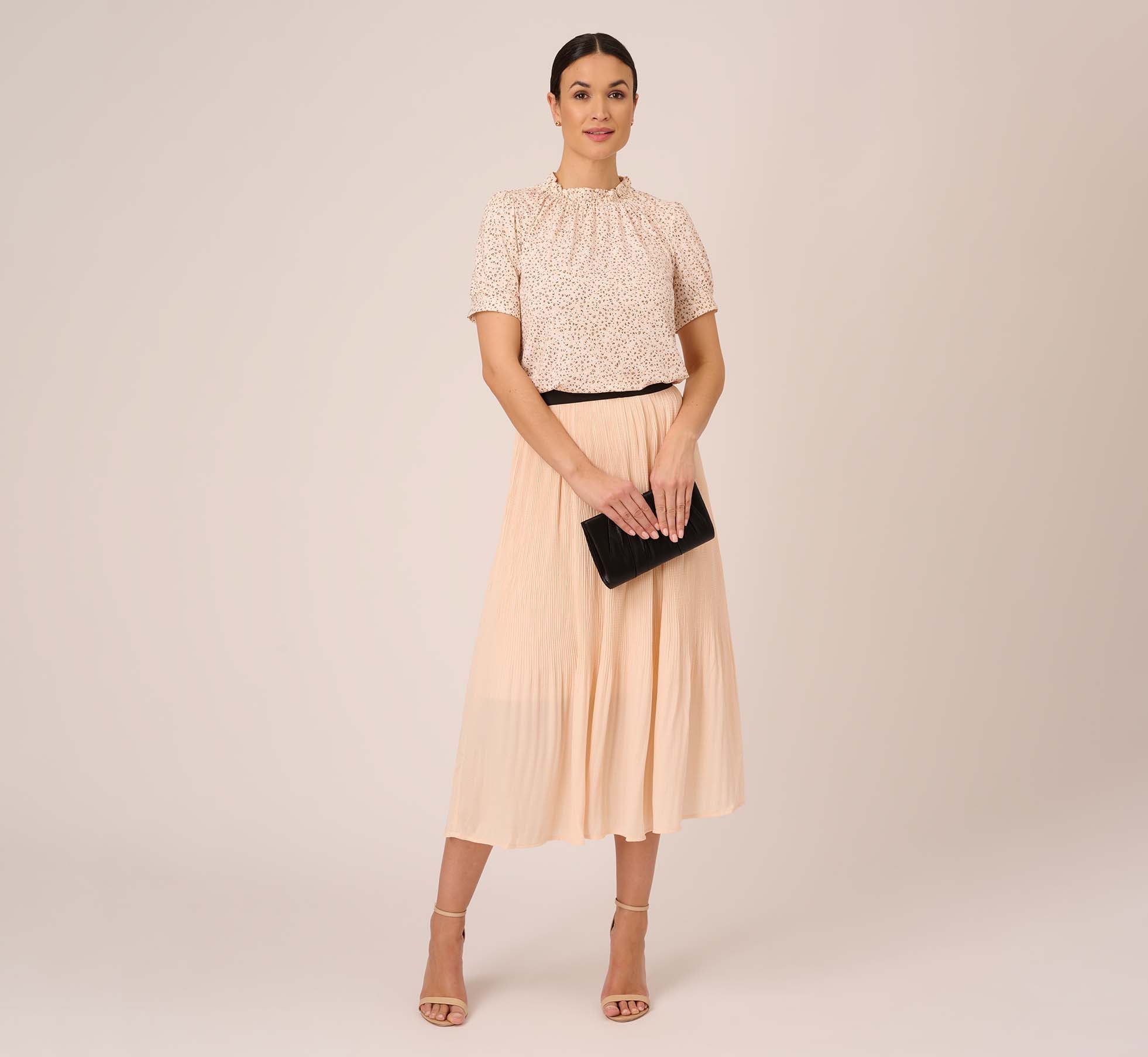 Dot Print Pleated Midi Skirt In Champagne Ivory Seed Dot 1