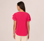 Double Flutter Sleeve Top With Pleated Details In Pink Cherry 6