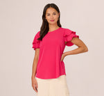 Double Flutter Sleeve Top With Pleated Details In Pink Cherry 3