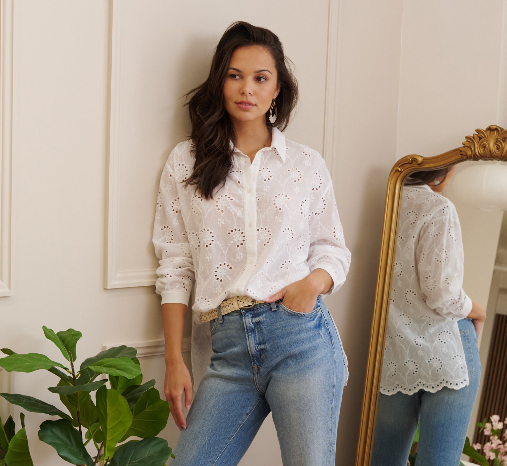 Button Down Eyelet Top With Long Sleeves In White 1