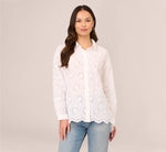 Button Down Eyelet Top With Long Sleeves In White 3