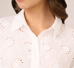 Button Down Eyelet Top With Long Sleeves In White 4