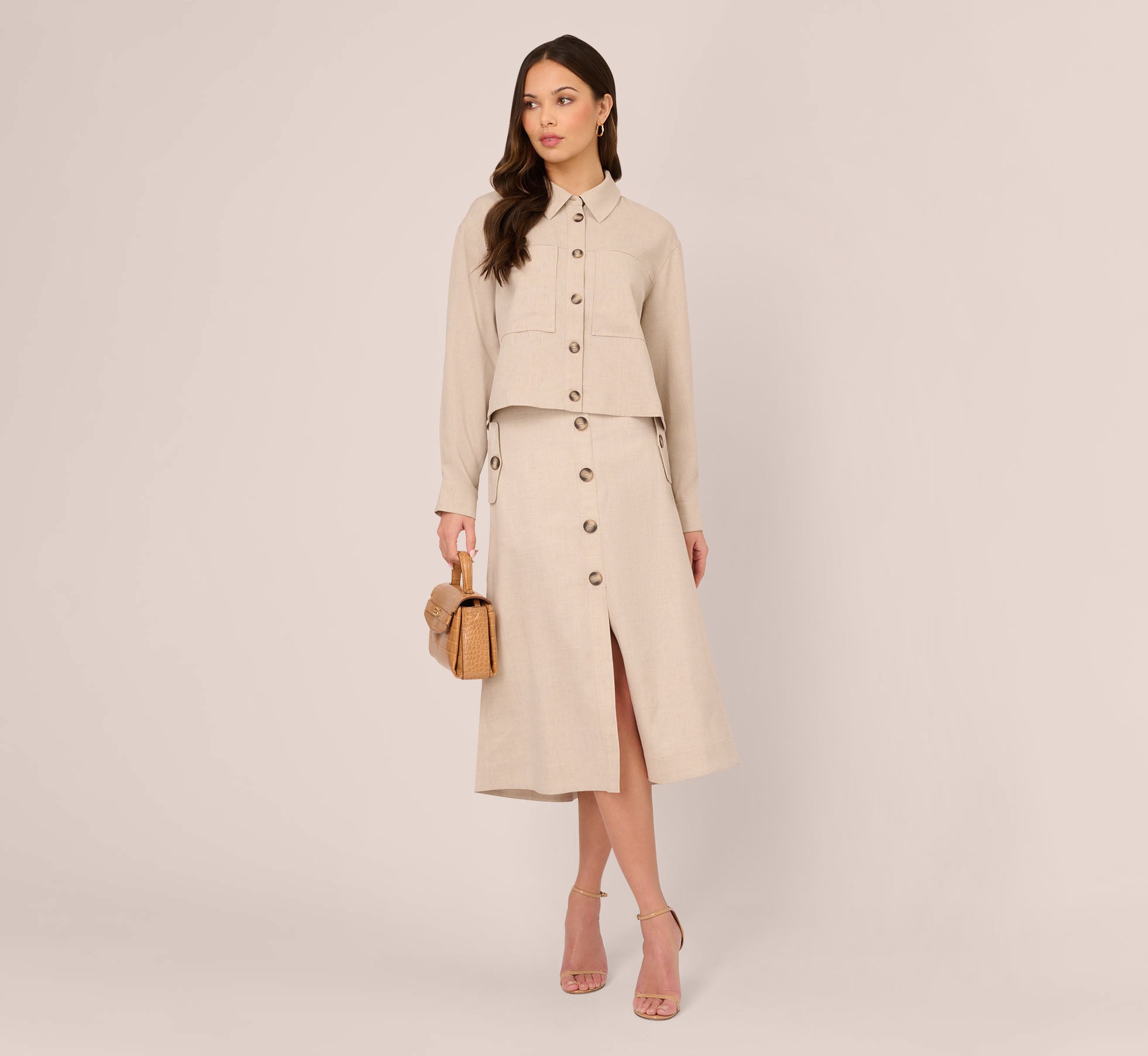A Line Button Front Skirt With Flap Pockets In Flax 1