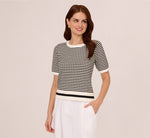 Short Sleeve Optic Pattern Knit Sweater In Ivory Black 2