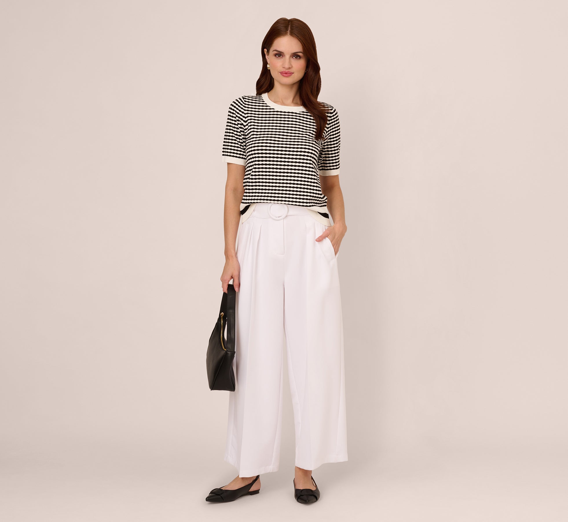 Short Sleeve Optic Pattern Knit Sweater In Ivory Black 1