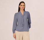 Long Sleeve Embellished Tie Collar Blouse In Dusty Blue 2