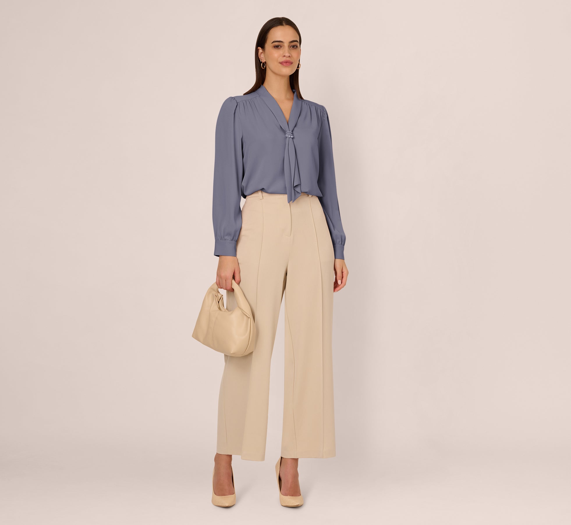 Long Sleeve Embellished Tie Collar Blouse In Dusty Blue 1