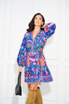 Long Sleeve Retro Printed A Line Dress In Blue Multi 1