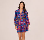Long Sleeve Retro Printed A Line Dress In Blue Multi 3