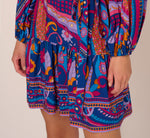 Long Sleeve Retro Printed A Line Dress In Blue Multi 4