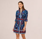 Abstract Print Button Down Dress With Three Quarter Bell Sleeves In Navy Multi 7
