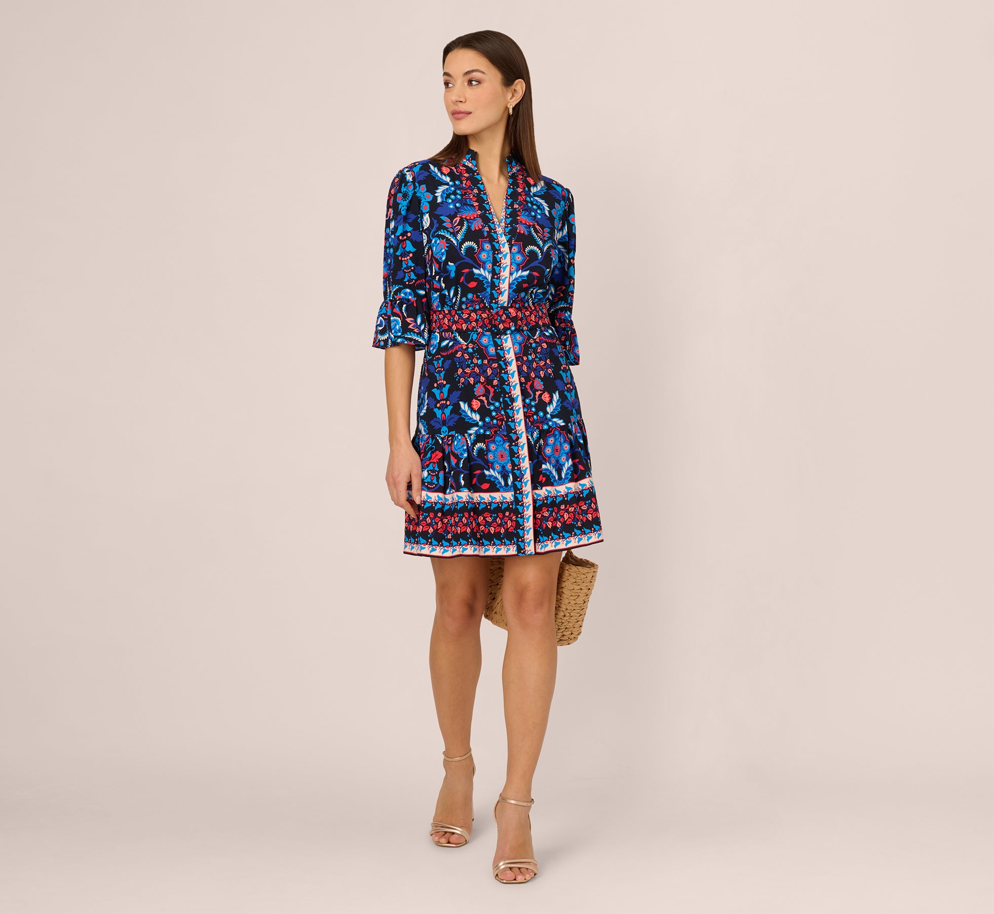 Abstract Print Button Down Dress With Three Quarter Bell Sleeves In Navy Multi 1