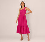One Shoulder Floral Applique Cotton Midi Dress In Pink 2
