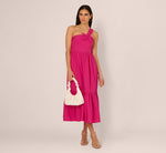 One Shoulder Floral Applique Cotton Midi Dress In Pink 1