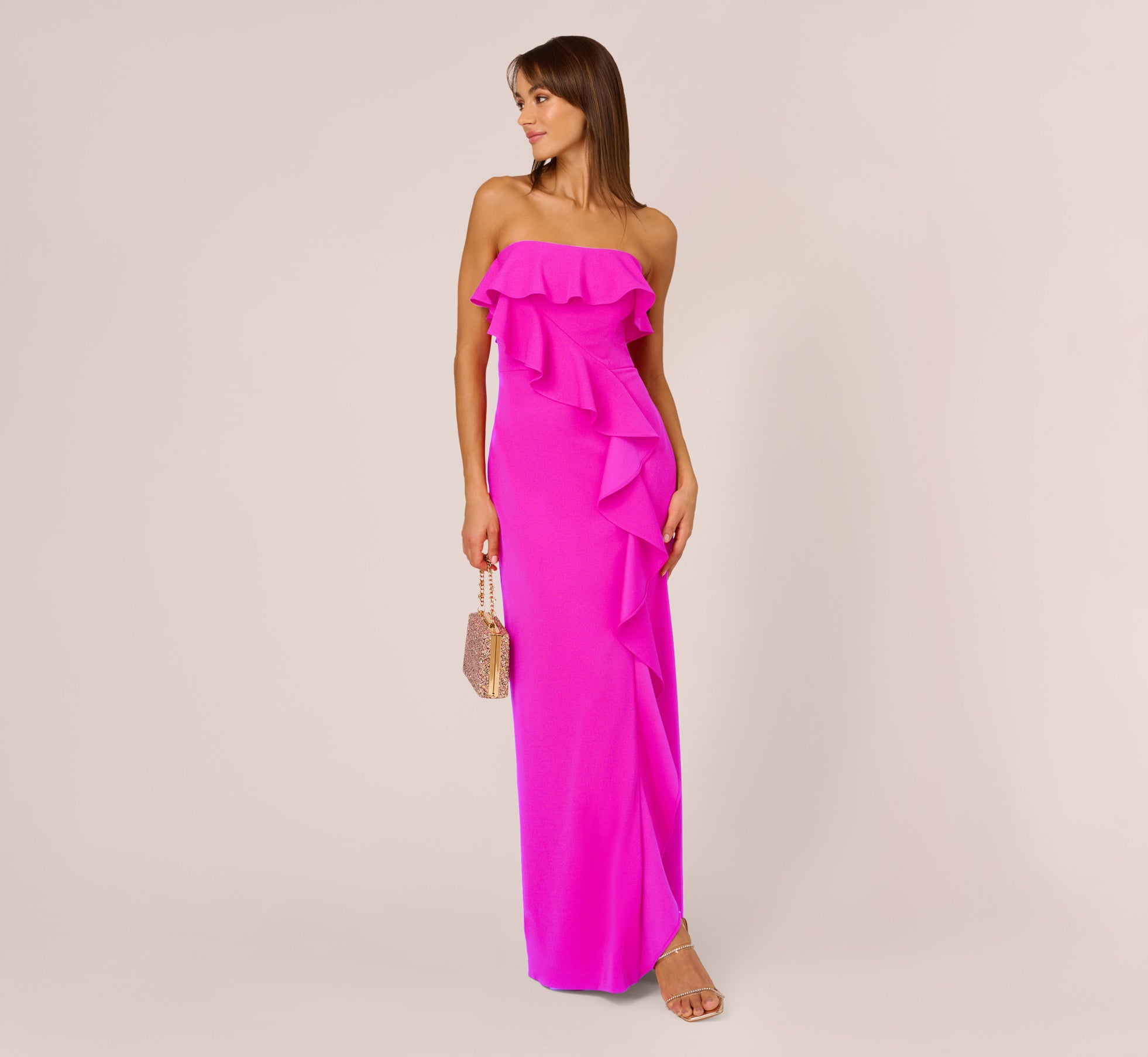 Stretch Crepe Strapless Column Gown With Ruffle Details In Pink Flame 1