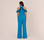 Cold Shoulder Stretch Crepe Jumpsuit With Feather Trim In Deep Cerulean 5