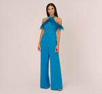 Cold Shoulder Stretch Crepe Jumpsuit With Feather Trim In Deep Cerulean 2