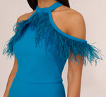 Cold Shoulder Stretch Crepe Jumpsuit With Feather Trim In Deep Cerulean 3