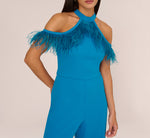 Cold Shoulder Stretch Crepe Jumpsuit With Feather Trim In Deep Cerulean 4