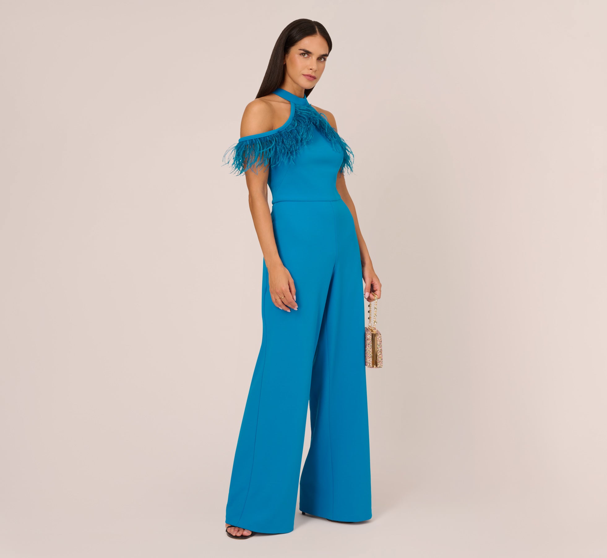 Cold Shoulder Stretch Crepe Jumpsuit With Feather Trim In Deep Cerulean 1