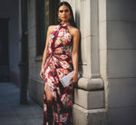 Floral Satin Twist Waist Halter Gown In Brown Multi 1