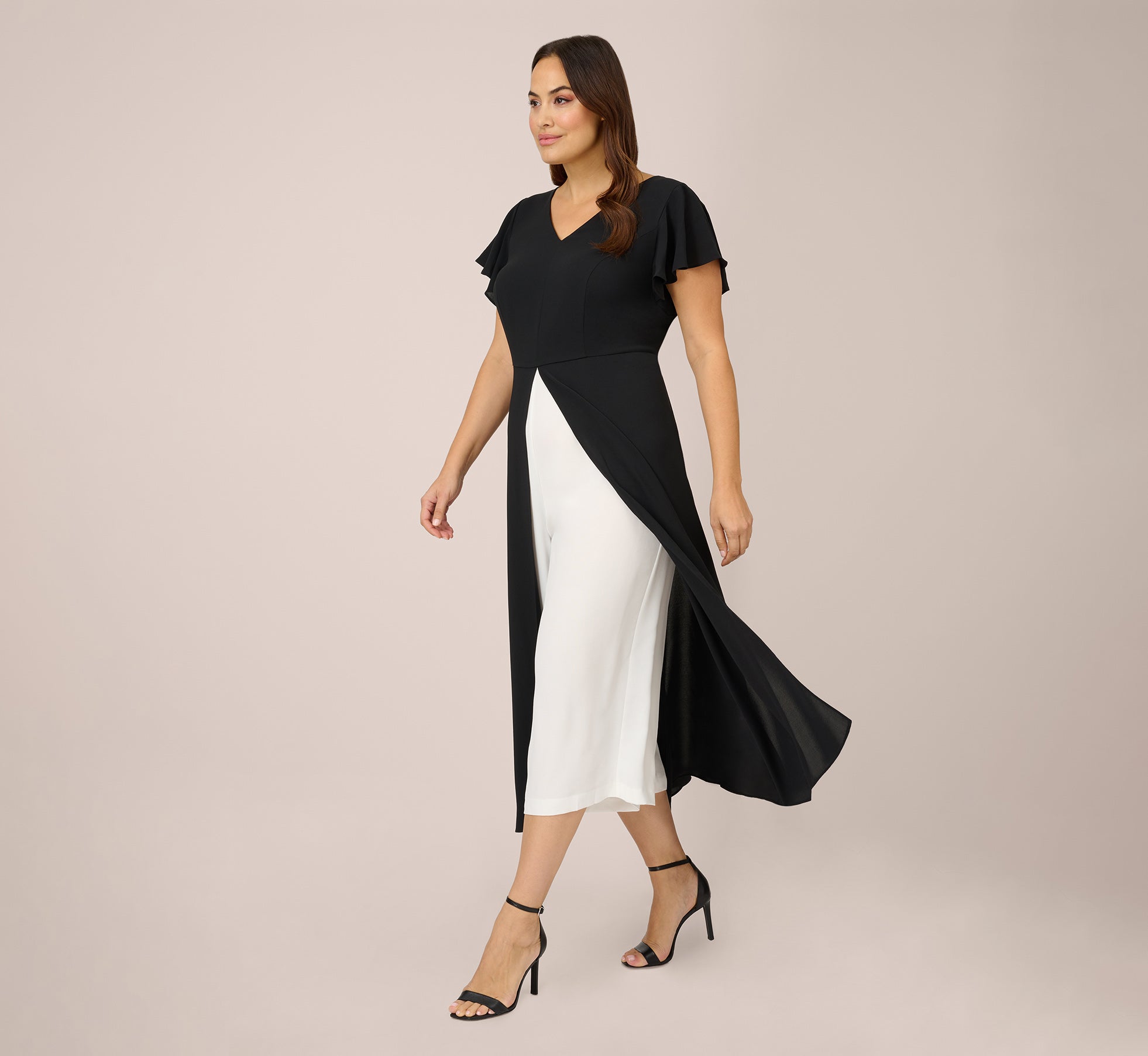 Plus Size Crepe Cropped Jumpsuit With Gauze Overlay In Black Ivory 1