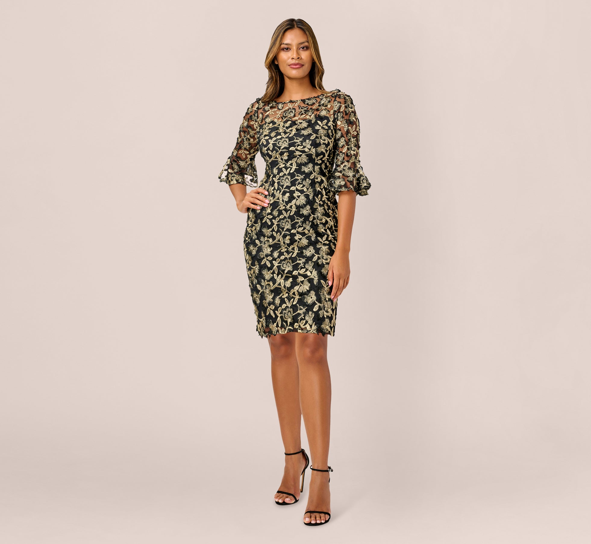 Metallic Embroidered Sheath Dress In Black Gold 1