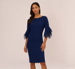 Knit Crepe Sheath Dress With Tiered Three Quarter Sleeves In Navy Sateen 2