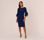 Knit Crepe Sheath Dress With Tiered Three Quarter Sleeves In Navy Sateen 7